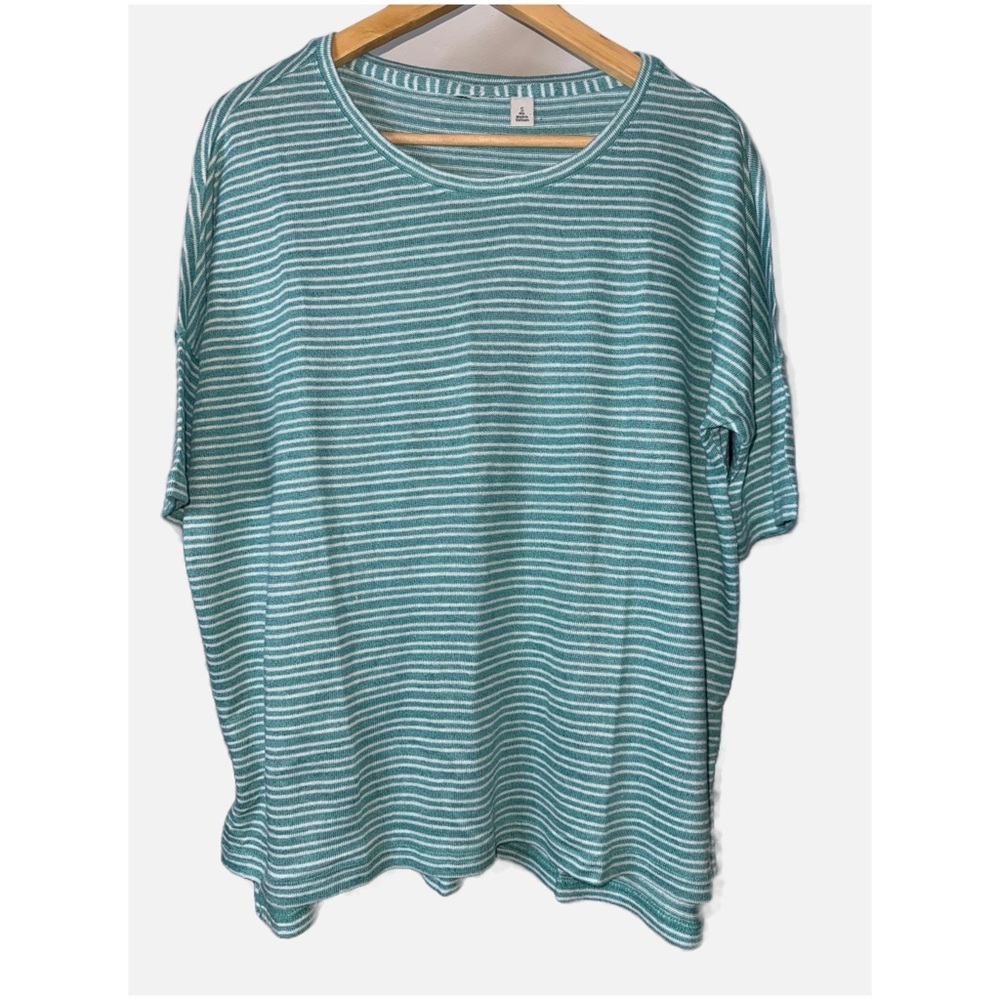 LL Bean- NWOT Teal & White Stripe Linen Blend Short Sleeve Top Size Small - Picture 2 of 8